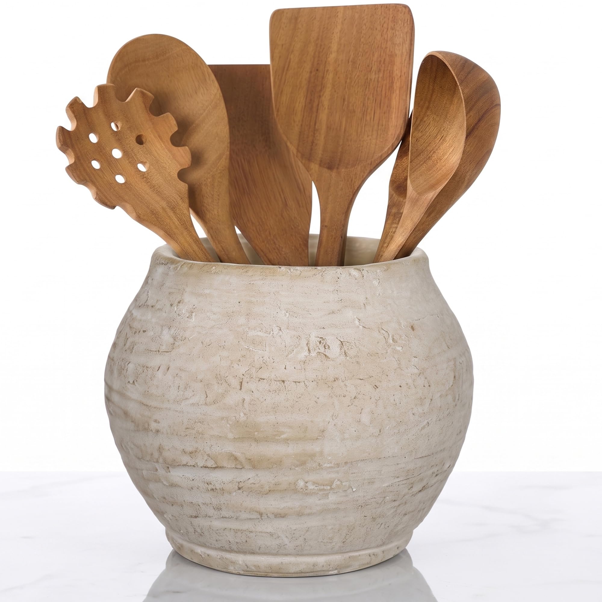 Briful Utensilienhalter für Küchentheke, 18,8 cm, rustikale Keramikvase, Topfdekoration, beige Töpferglas, antiker Aufbewahrungs-Organizer für modernes Bauernhaus, Kochutensilien, Löffel, Schöpfkelle