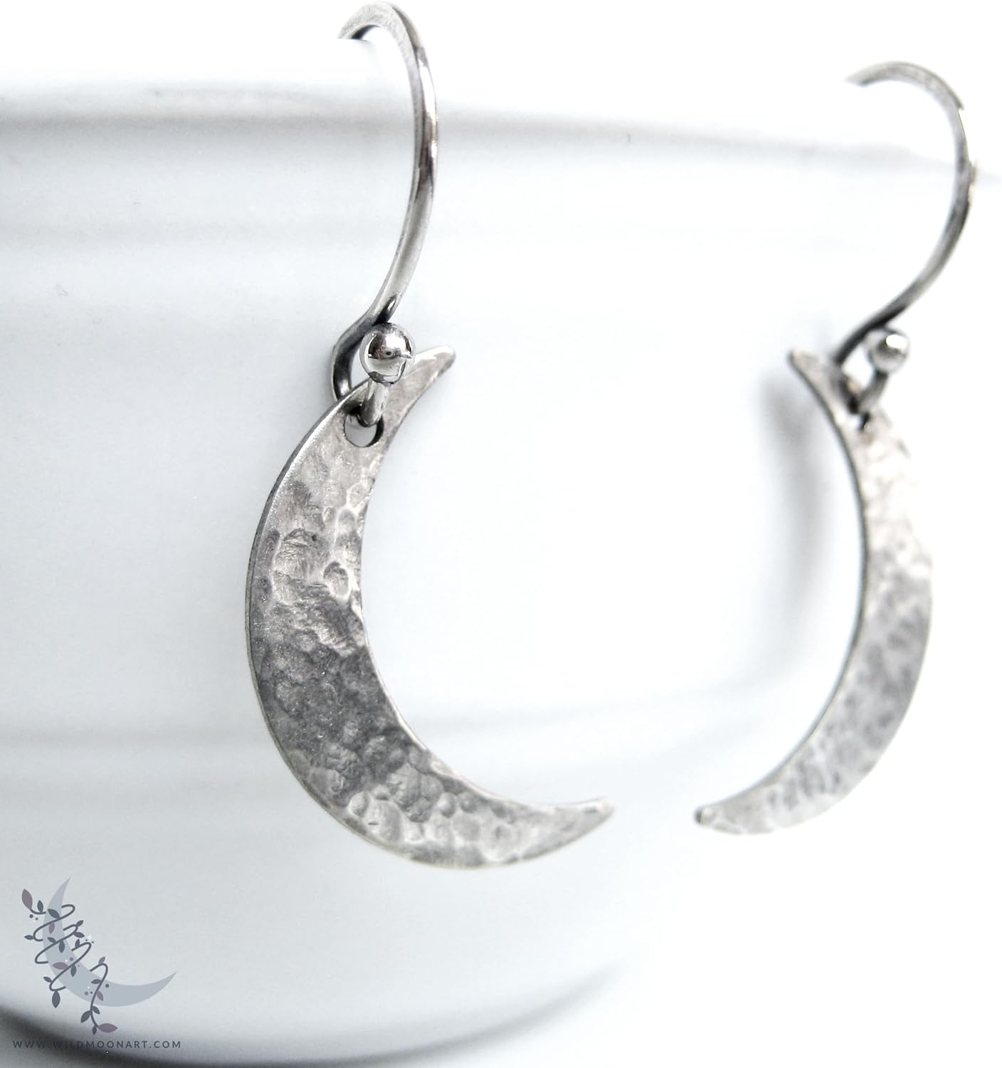 Silver Moon Earrings, Hammered Sterling Silver Crescent Moon Dangle Earrings, Minimalist Boho Celestial Lunar Eclipse Jewelry