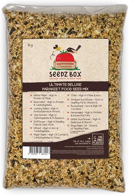 Parakeet Food - Seed & Nut Feed Mix 1kg - Seedzbox Deluxe Parakeet Food - Complete Foodstuff Specifically For Parakeets - Donation to OneTreePlanted - 1kg