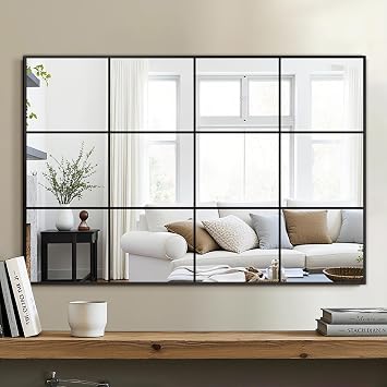 Delma Wall Mirror, 36"X24" Window Pane Mirror for Living Room Decor, Decorative Wall Art, Large Mirror for Bedroom, Hallway