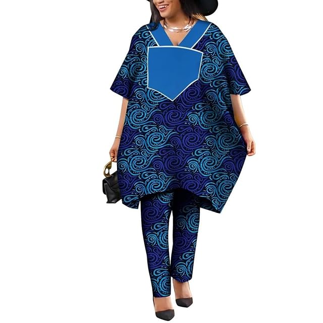African Print 2 Pieces Outfit Women Ankara Top and Pants Set Shirt Dress