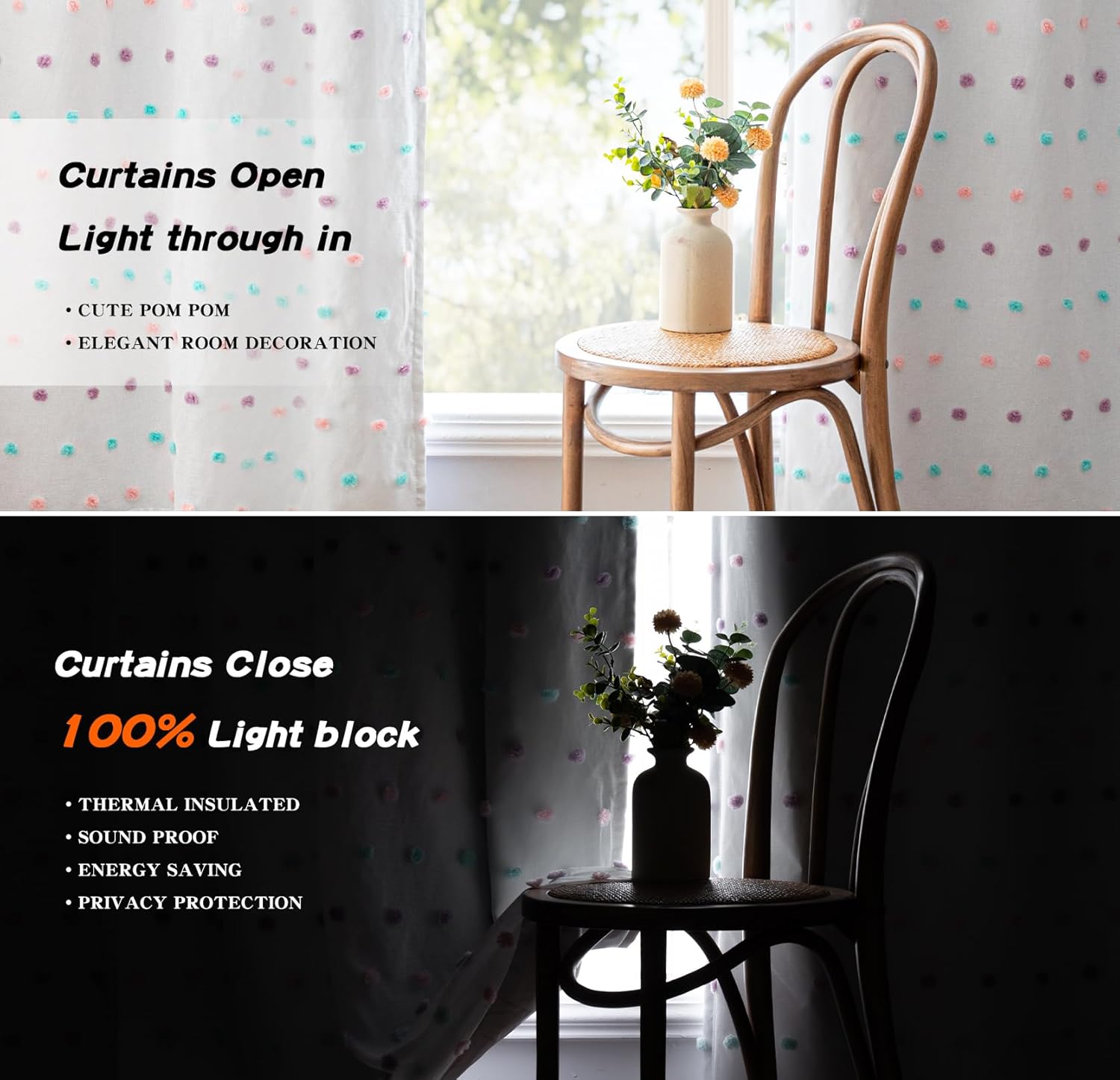 MYSKY HOME Total Blackout Curtains for Kids Bedroom 84 Inch Long 100% Light Blocking Curtains for Living Room 2 Panels Room Darkening Grommet Double Layer Drapes with Rainbow Pom Pom Sheer 52W x 84L