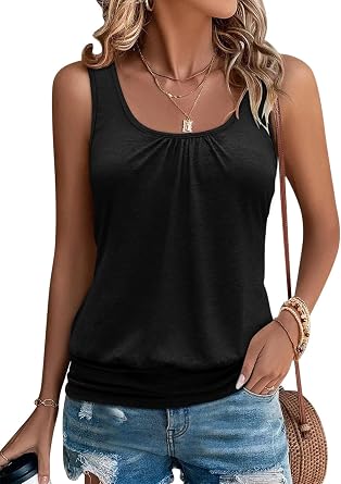 Micticsi Womens Scoop Neck Ruched Front Tank Top Banded Bottom Casual Tops