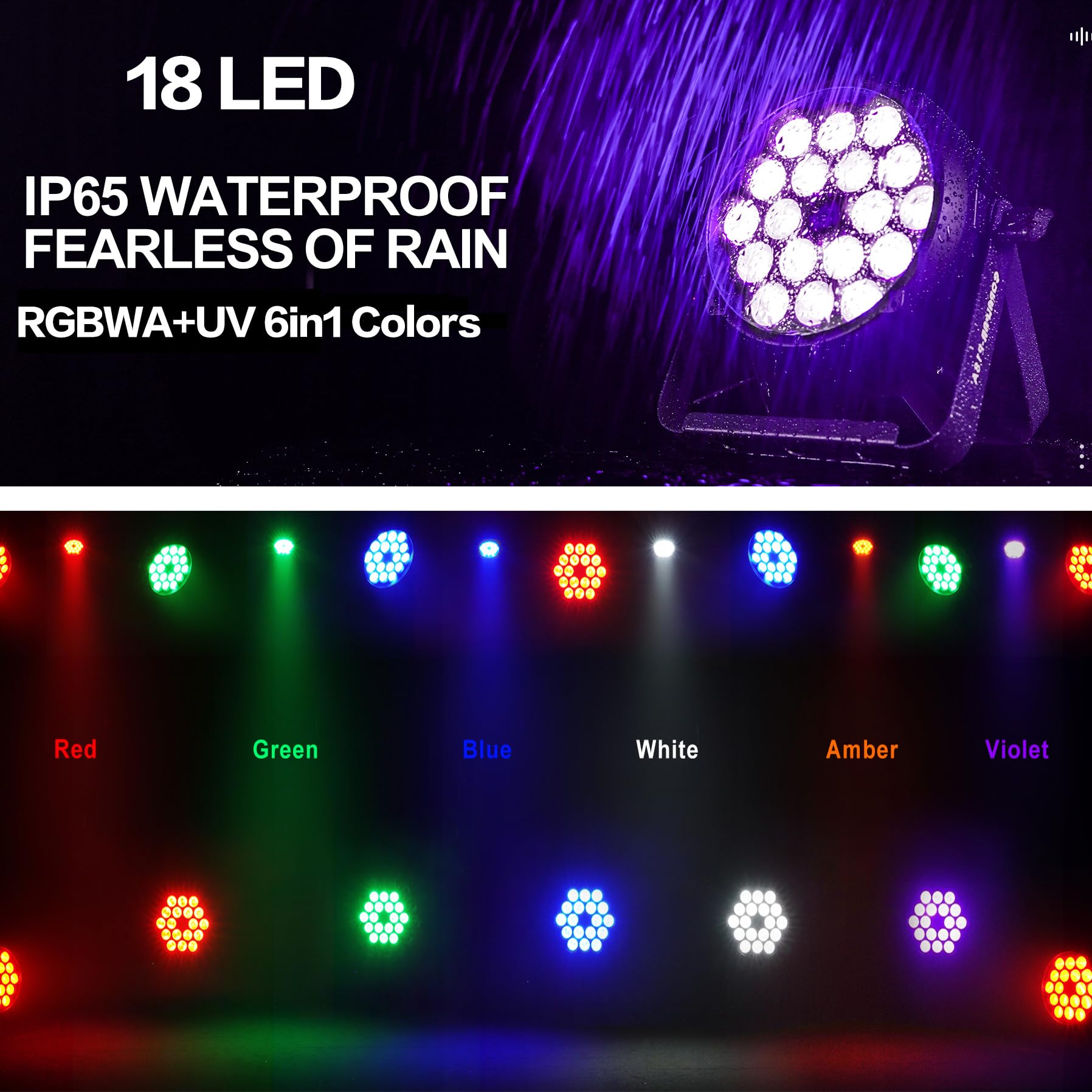 SHEHDS Coral Par DMX512 Lumières d'extérieur LED 18 x 12 W RGBWA+UV couleur lavé/stroboscopique Angle de faisceau 45 lumières montantes DMX512 activées par le son sans ventilateur