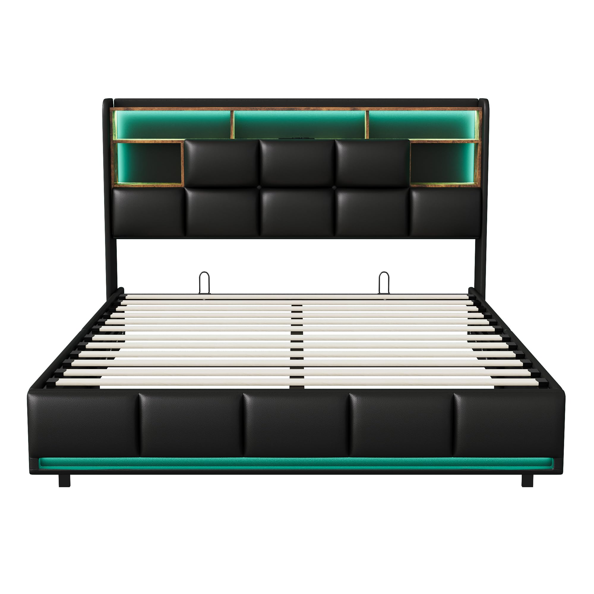 Letto imbottito 160 x 200 cm con illuminazione LED, letto matrimoniale con spazio di archiviazione e soppalco, testiera con funzione di ricarica USB tipo C e spazio di archiviazione idraulico