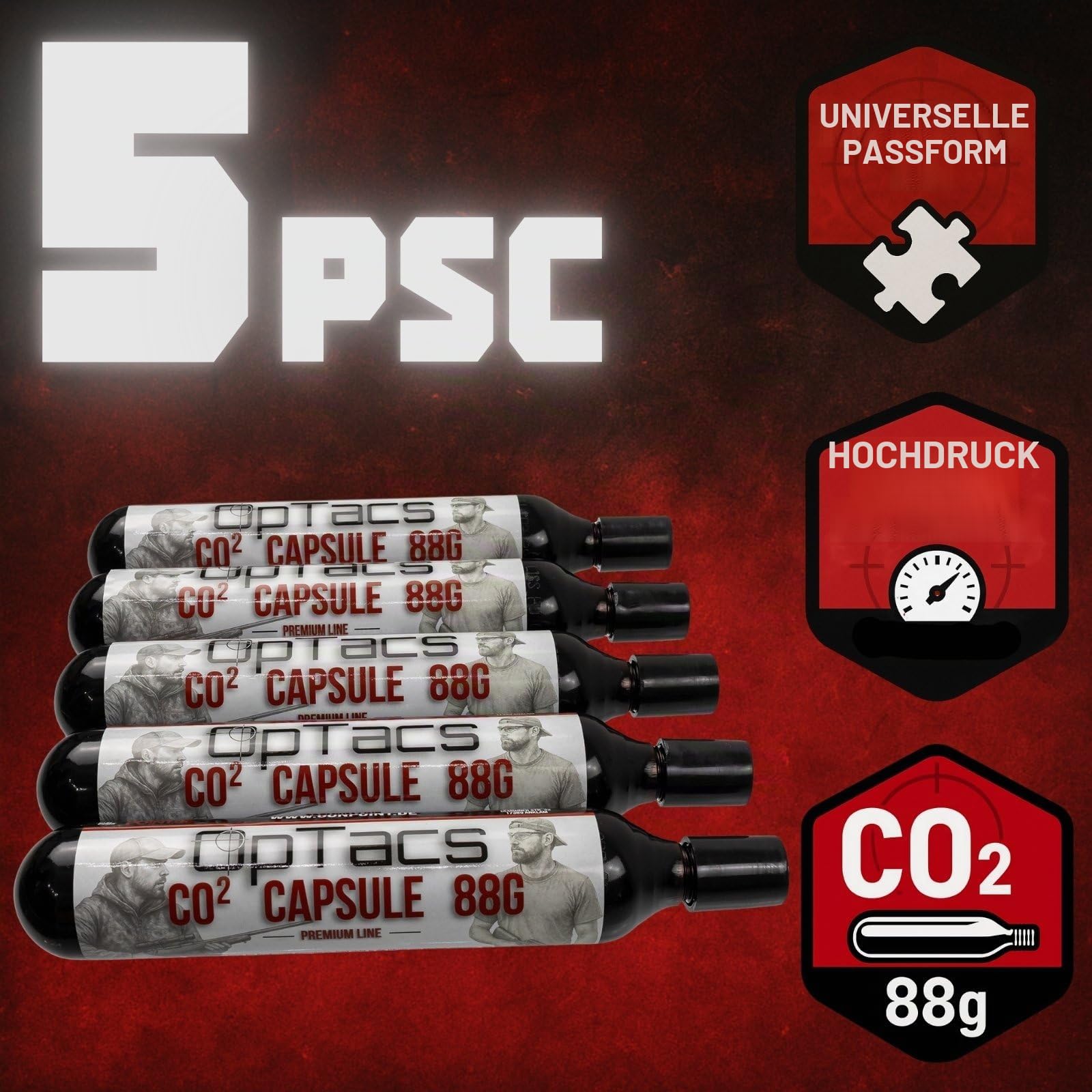 OpTacs 88g CO2 Kapsel 5er Set – CO₂-Kartusche für Luftdruckwaffen, Airsoft, Paintball – Gewinde M16x1,5 – langanhaltend & präzise