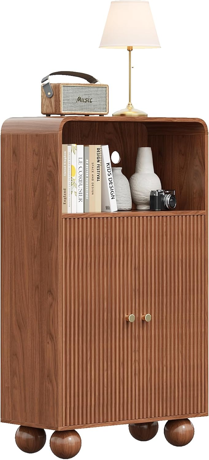 41.34" H Tall Storage Cabinet, Freestanding Bathroom Floor Cabinet with Fluted Door, Kitchen Pantry Cabinet Display Storage Cabinet for Bathroom, Living Room, Kitchen, Walnut