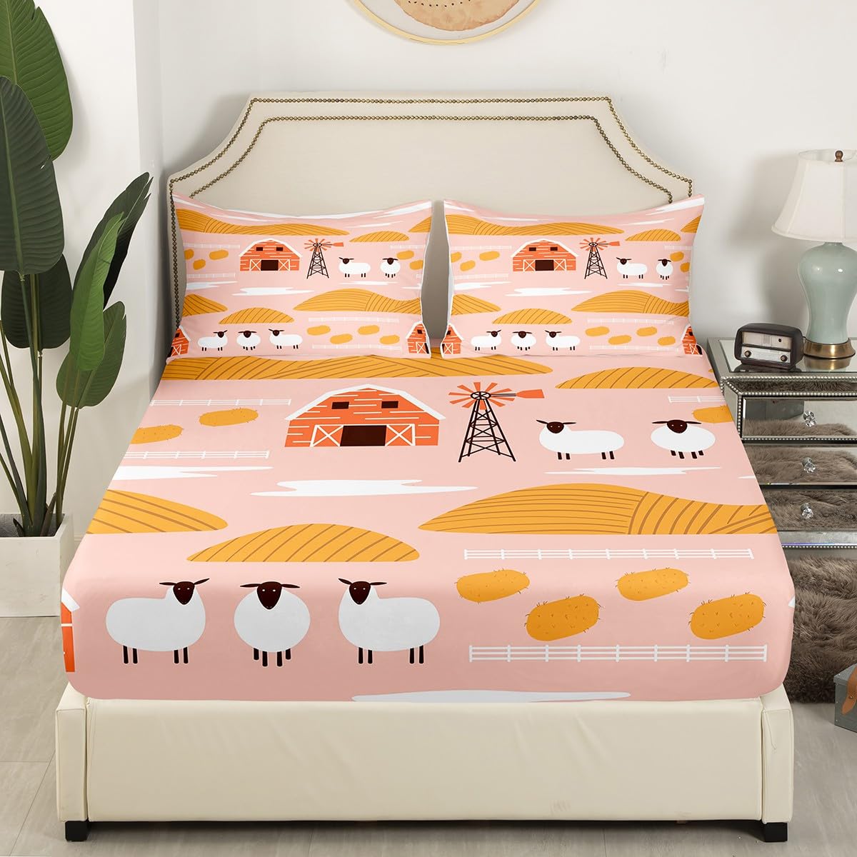 Homewish Set di lenzuola per letto matrimoniale, rustico, con mulino a vento, in stile retrò, stile rustico e rustico, con mucca e farfalle, decorazione per capanna e