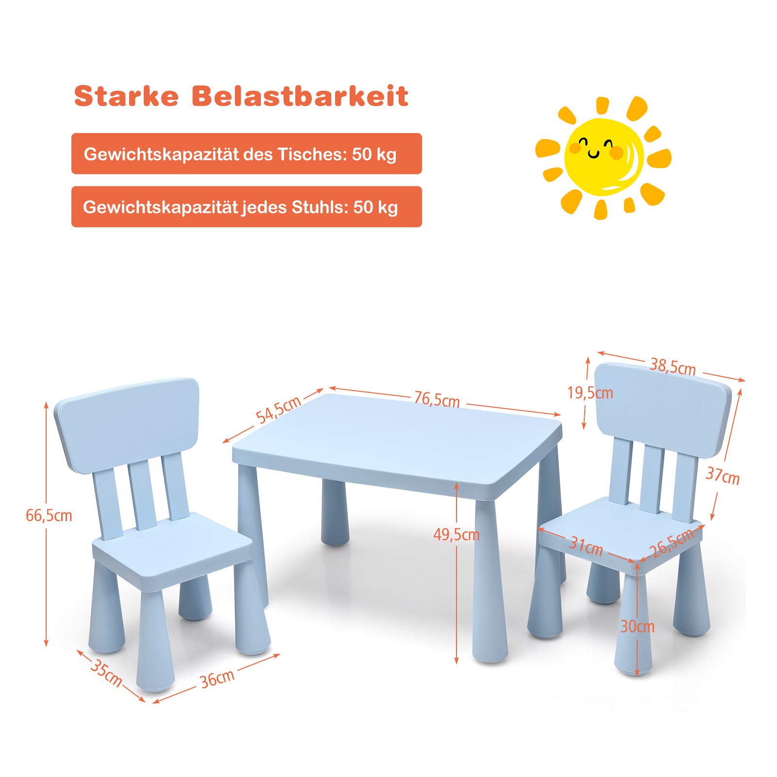 COSTWAY 3-częściowy zestaw mebli dziecięcych, stół dziecięcy, stół dziecięcy z 2 krzesłami, meble dziecięce z tworzywa sztucznego, zestaw stołowy dla dzieci do przedszkola i pokoju dziecięcego