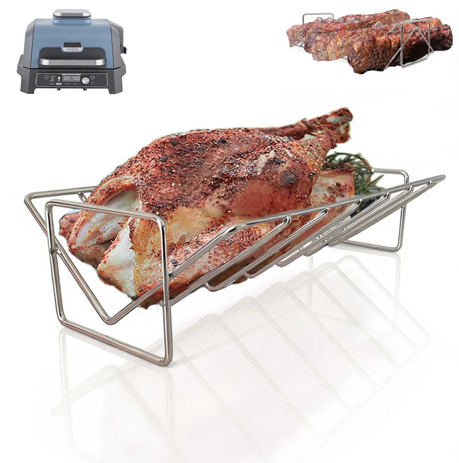 Supporto per Costine & Cestello per Barbecue Ninja Woodfire XL OG850/OG901，Griglia antiaderentea Forma di V per Pollos, Acciaio Inox 304 più Spesso