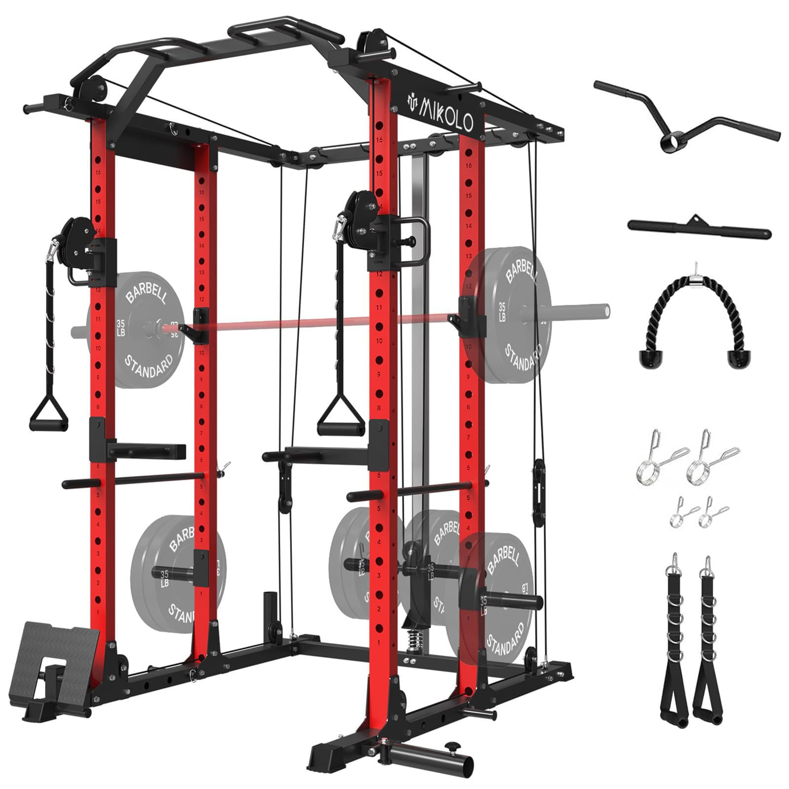 Mikolo Power Cage, Power Rack with Cable Crossover System, 1500LBS Squat Rack with LAT Pull Down System, Workout Cage with Pulley System for Fitness Home Gym
