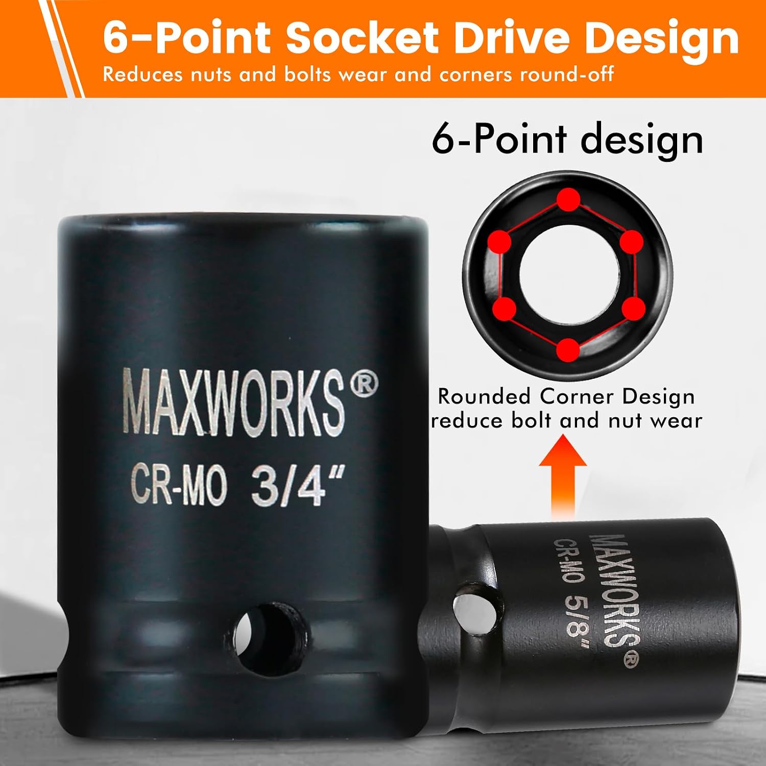 MaxWorks 80780 13-Piece 1/2" Drive SAE Impact Socket Set – Heavy-Duty Chrome Molybdenum Steel (Cr-Mo) – 6-Point High-Torque Design, Laser-Etched Size Markings – Sizes 7/16" to 1-1/4"