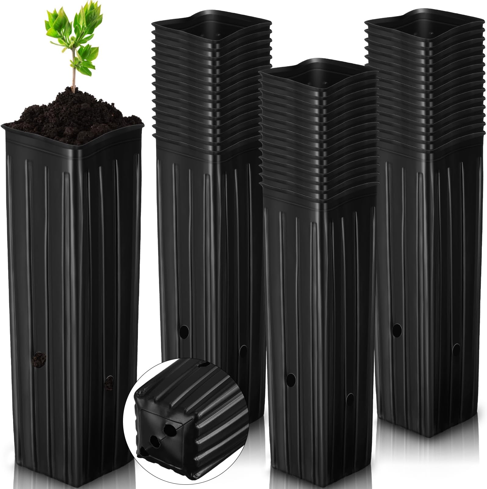 Hushee 200 Pcs Tall Tree Pot 12 Plastic Deep Plant Nursery Pots Black Seedling Treepots Bulk Tall Flower Plants Container Starting Pots with Drainage Holes for Indoor Outdoor Gardening Plants