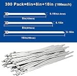 Metal Cable Ties 300 Pack, 6/8/10 inch (100 each) Stainless Steel Zip Ties, Heavy Duty 220 lbs, Multi Self Locking Wrap Tie, Binding Cable for Machinery, Exhaust Wrap, Pipes, Farms, Cables, Fence