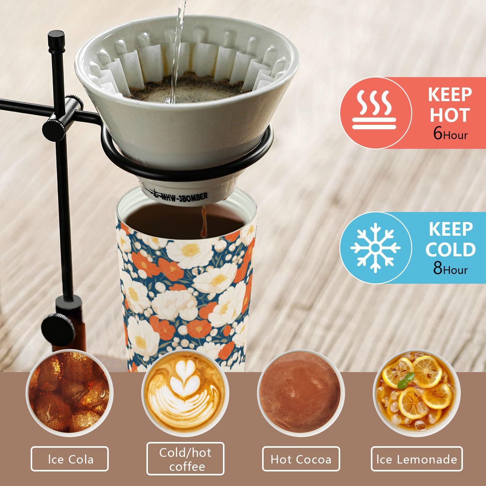 linqin Taza grande de café de viaje con diseño de flor roja, taza Togo con tapa, tazas térmicas de acero inoxidable para bebidas calientes y frías, 17 onzas, a prueba de fugas