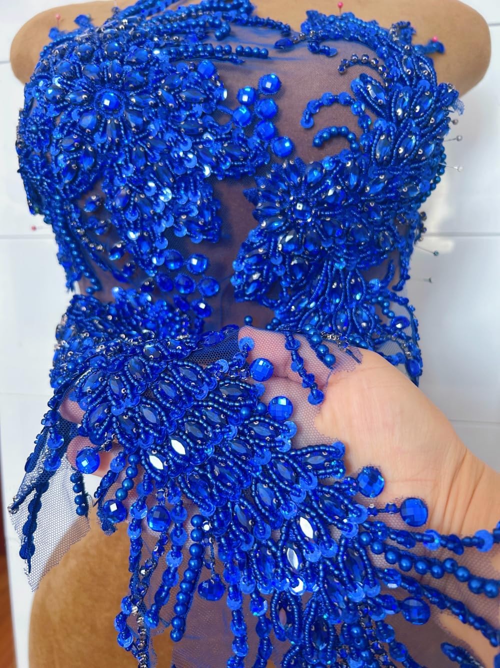 Hand Beaded Big Front Body Wedding Dress Gown Patch Patches Sew on Lace Appliques with Rhinestones Crystals Accessories DIY for Sewing Costumes Proms (Royal Blue)