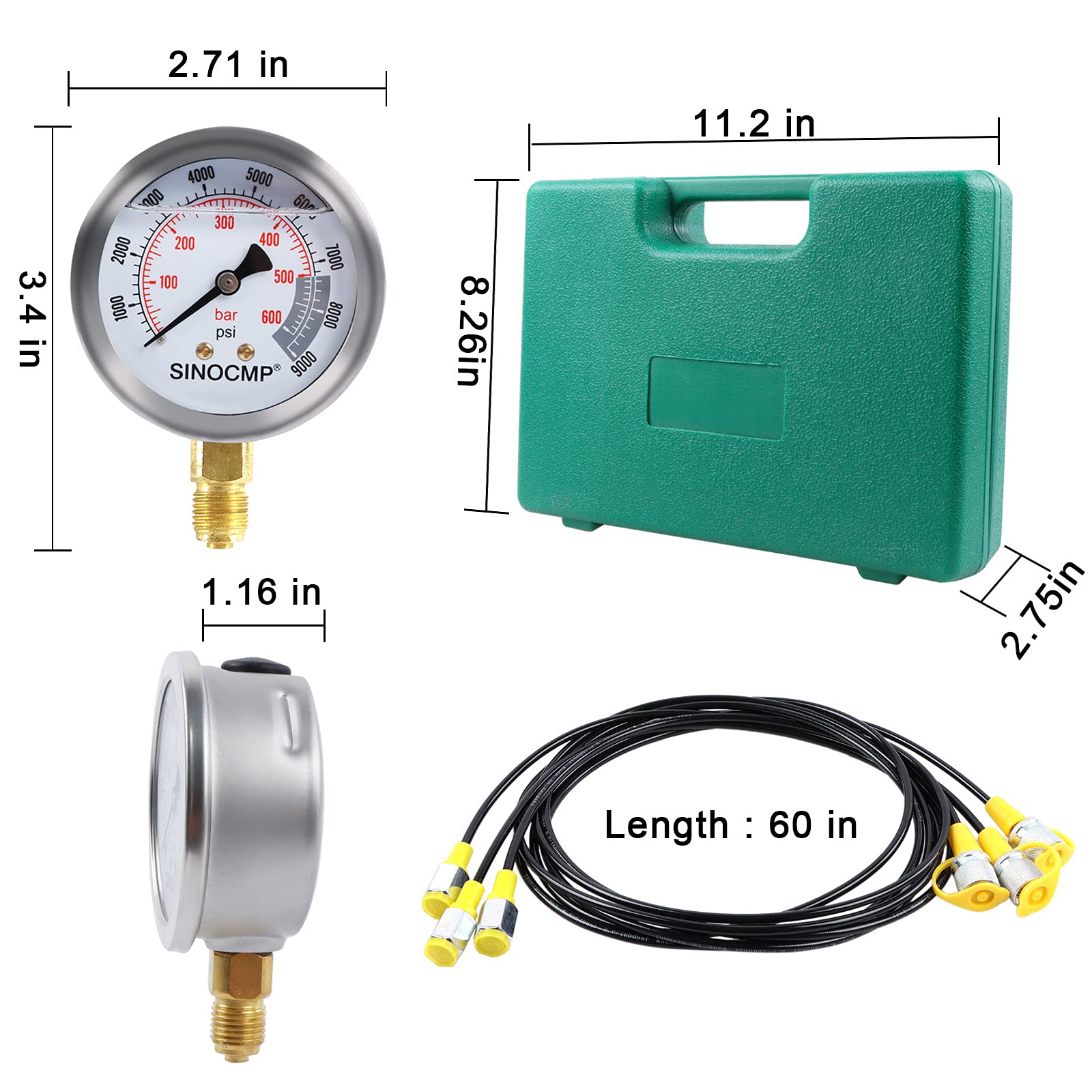 Kit de prueba de presión hidráulica, 3 medidores de presión de 25 Mpa/40 Mpa/60 MPa, 6 acoplamientos de prueba, 3 mangueras de prueba, 1 caja de almacenamiento, juego de medidores de