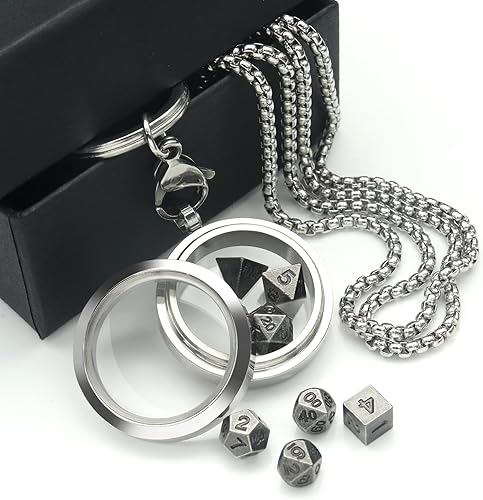 Miniatura 16 de PJOY Juego de dados pequeños DND con estuche de collar D20 hueco de bronce, llavero portátil de 7 piezas, llavero de bronce antiguo, juego de dados