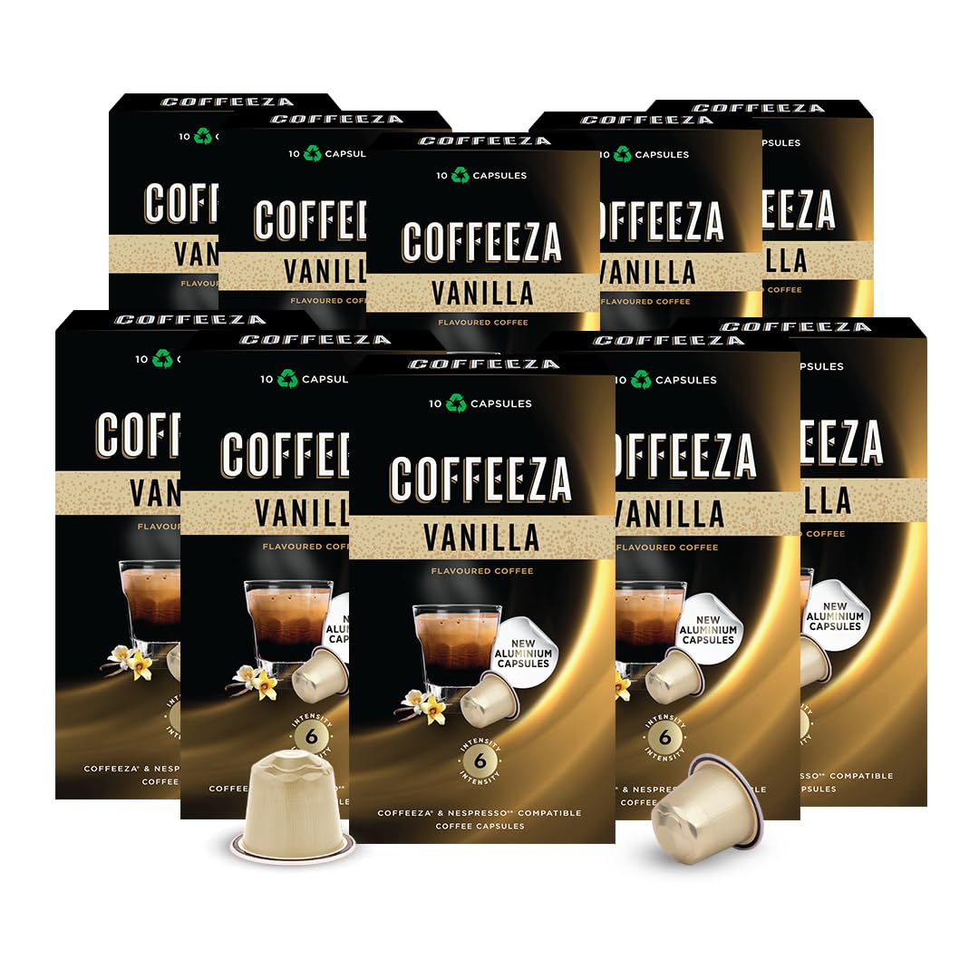Coffeeza Vanilla Flavoured Coffee Capsules, Intensity - 6 |Aluminium Coffee Pods |100% Arabica Coffee | Box of 10 (100 Capsules) (B0BGXMPRH4) Amazon Price History, Amazon Price Tracker