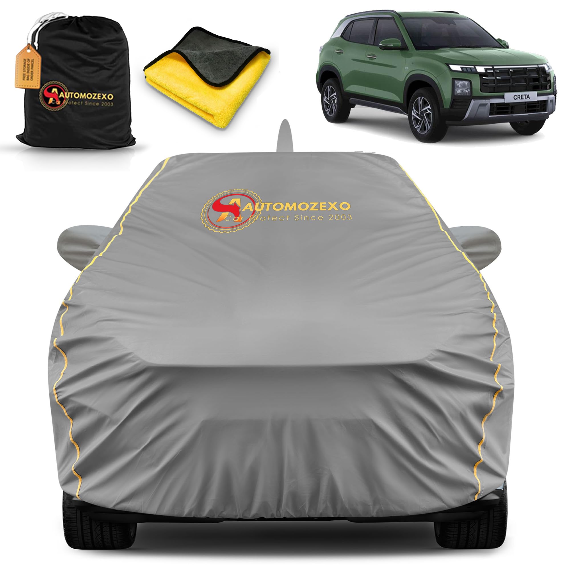 Hyundai Creta 2020 to 2025 Models 100% Waterproof Car Cover for All Weather Protection, Mirror & Antena Pocket Inner Cotton, Triple Stitched Adjustable Belt & Elastic to Secure Fit -Grey