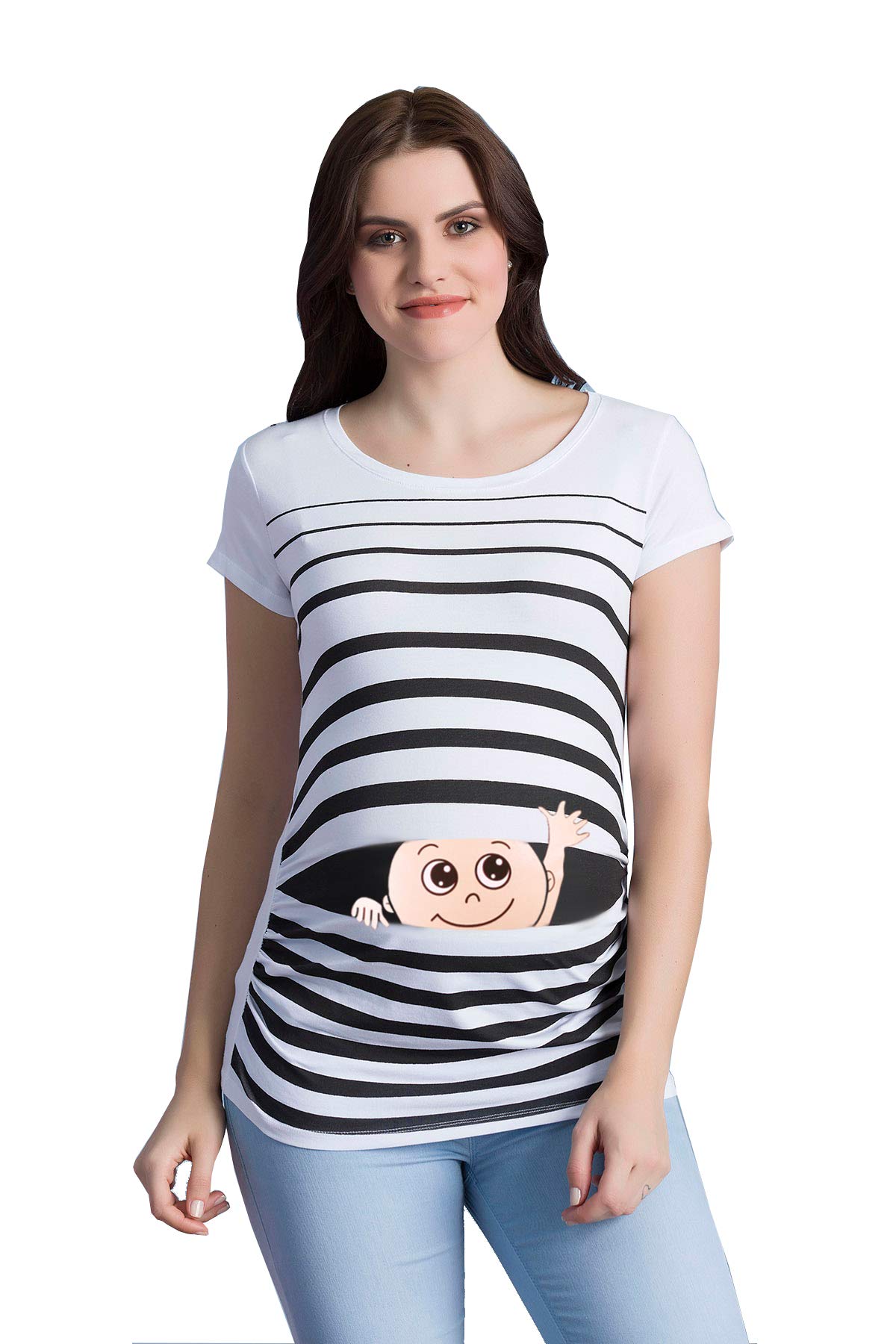 Winke Winke Baby - Grappige grappige schattige zwangerschapsmode gestreept zwangerschapsshirt met motief voor de zwangerschap, lange mouwen, donkergroen, L