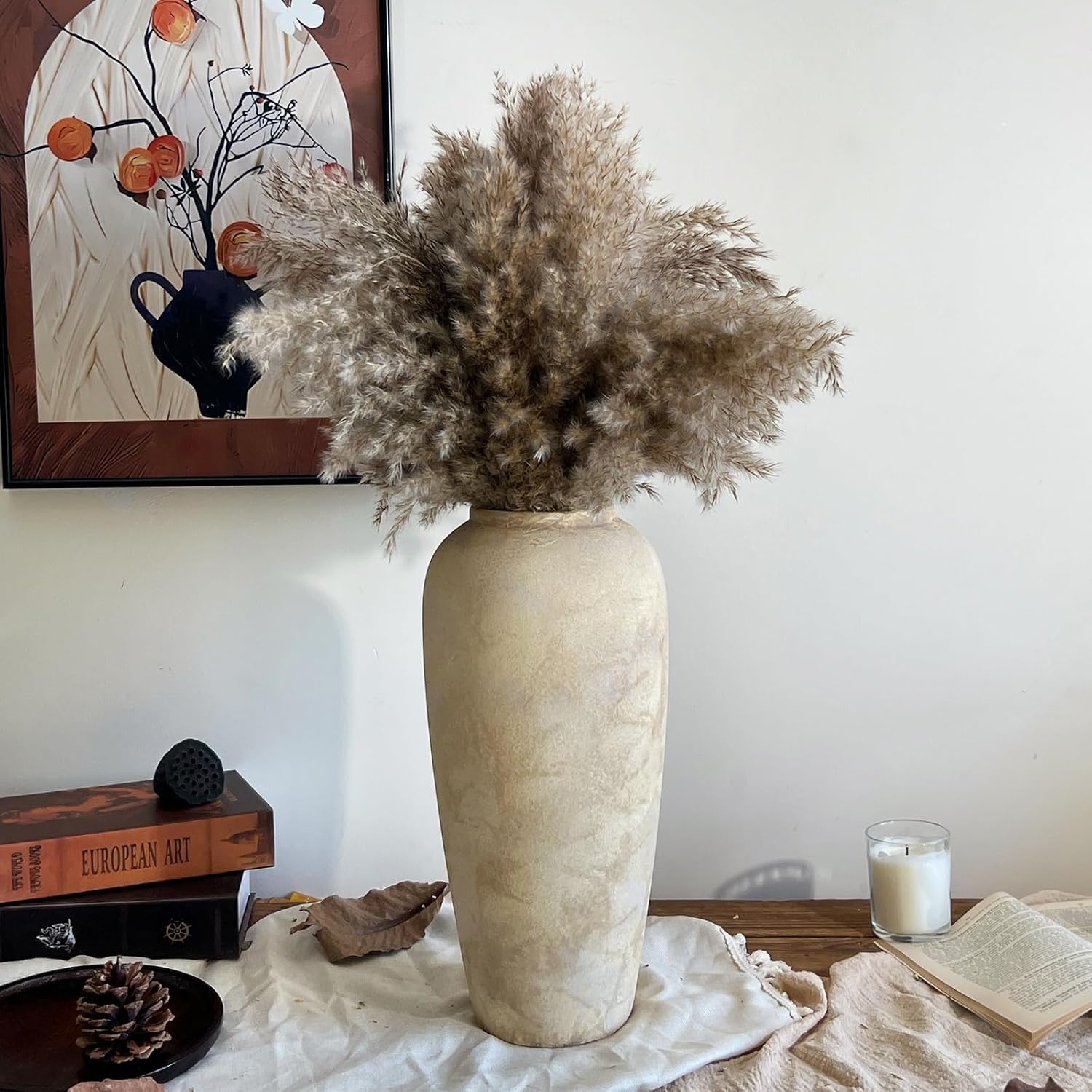 15 Inch Farmhouse Decor Ceramic Rustic Vase,Beige Handmade Flower Vases for Centerpieces,Pottery Vase for Living Room,Kitchen & Bedroom Decor,Vintage Ceramic Vases for Wedding
