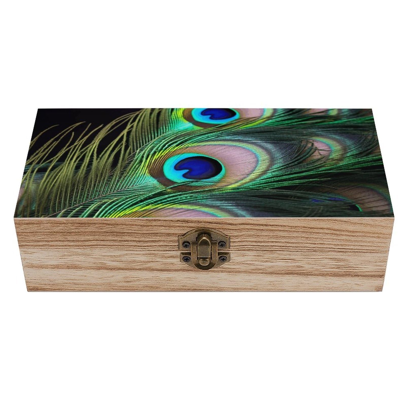 NONHAI Wooden Storage Box Green Peacock Feather Wood Gift Box with Hinged Lid Vintage Decorative Jewelry Boxes Memory Box for Jewelry Art Hobbies Home Storage Treasure Keepsake Gift 7.9''x3.9''x2.3''