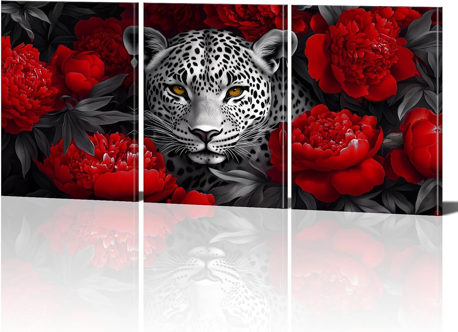 Leopard Wall Art 3 Piece Black and White Animal in Flower Bush Pictures Framed Canvas Prints Modern African Animal Artwork for Girl Bedroom Office Living Room Decoration(16"x24"x3)