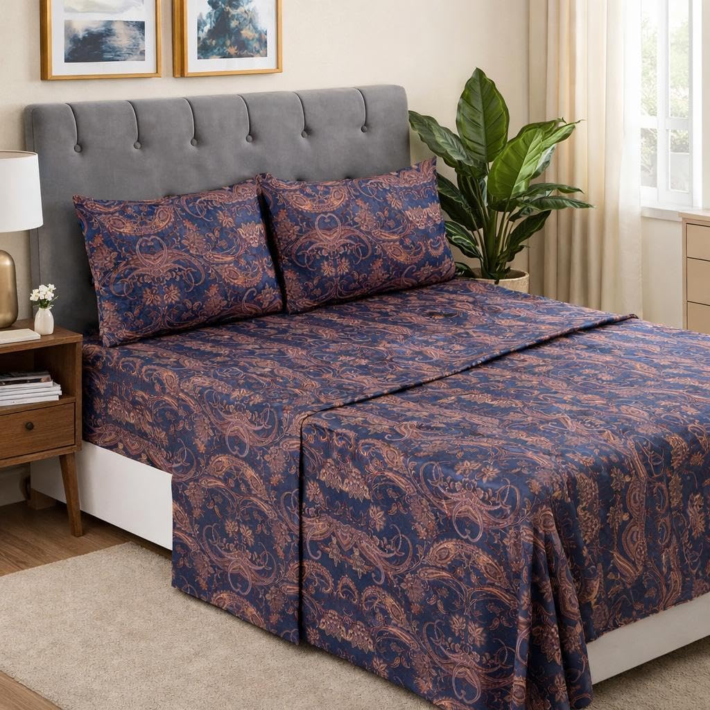 Dreamology Sheets Queen Size Bed Set, 4 Pieces Microfiber Sheet,Printed Sheet Set with Solid Cuffed Detail,Includes 1 Flat Sheet,1 Deep Pocket Fitted Sheet and 2 Pillowcases,Queen Bed sheets (Paisely)