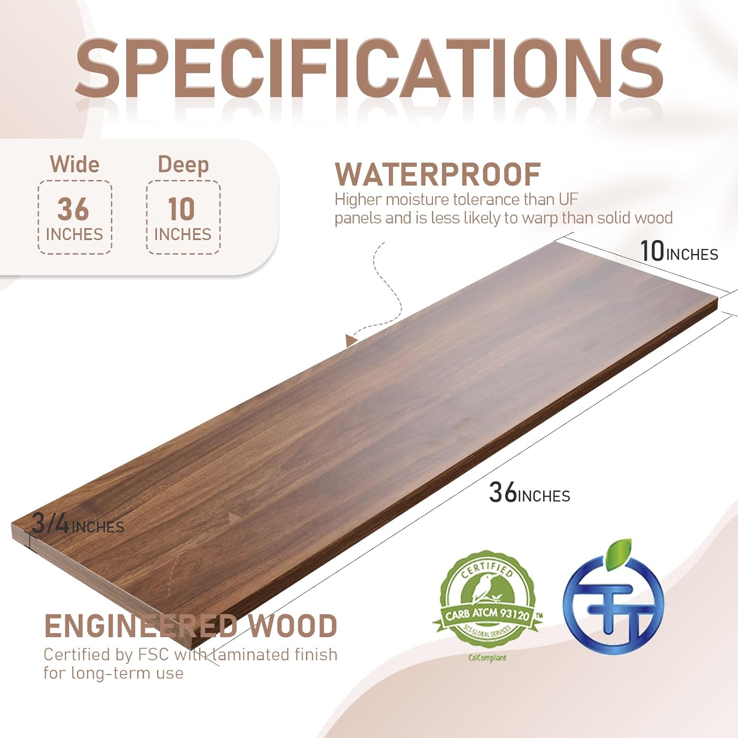 Kaboon 36 inch Long 10 inch Deep Floating Shelves for Wall Set of 2, Large Open Shelves Wall Mounted, Space Saving Home and Commercial Use, Walnut