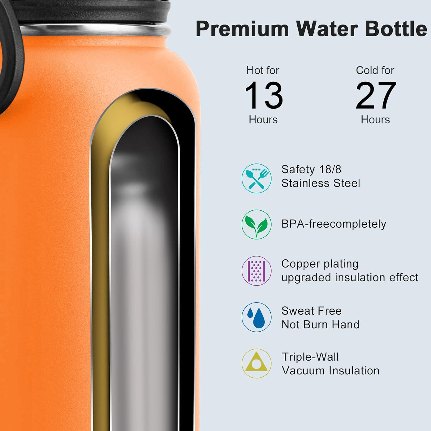 koodee Insulated Water Bottle, 32 oz Stainless Steel Double Wall Vacuum Wide Mouth Sport Bottle with Leakproof Spout Lid (Cosmic Orange) - Image 3