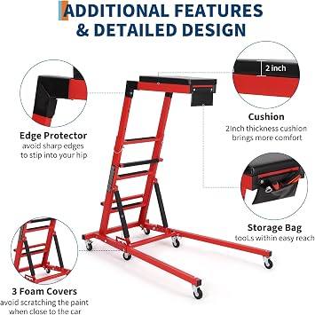 Acekool Topside Automotive Engine Creeper, Adjustable Height from 48 - 66, 400LBS Capacity Foldable Creeper,6 Swivel Caster Wheels,Thicker Cushion,Tool Pouch, Red