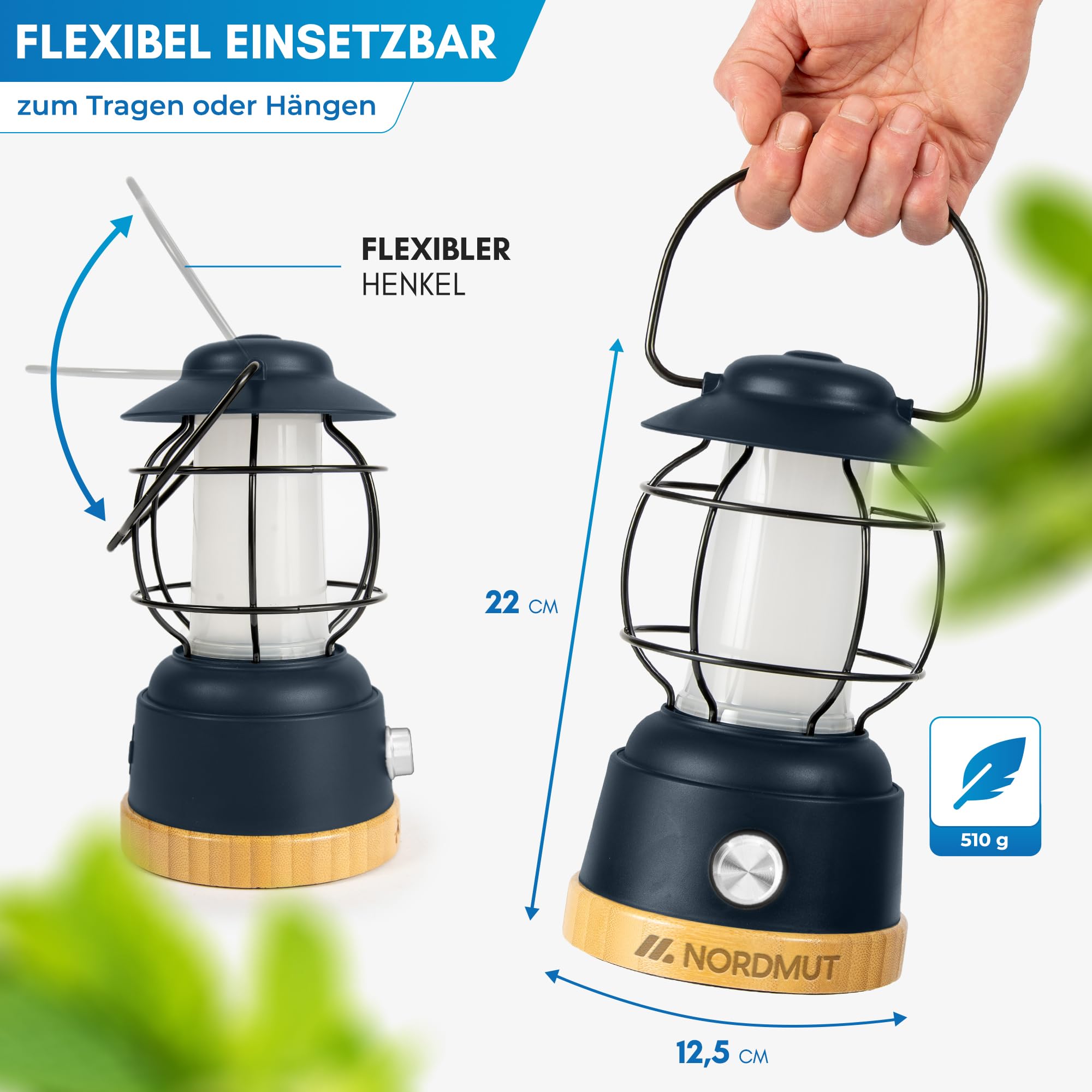 NORDMUT® Campinglampe aufladbar mit Powerbank [5200 mAh] IPX4 wasserdicht – Campinglampe dimmbar mit 200h Leuchtkraft – Leichte Campingleuchte Outdoor mit kompakten Packmaß (Schwarz)