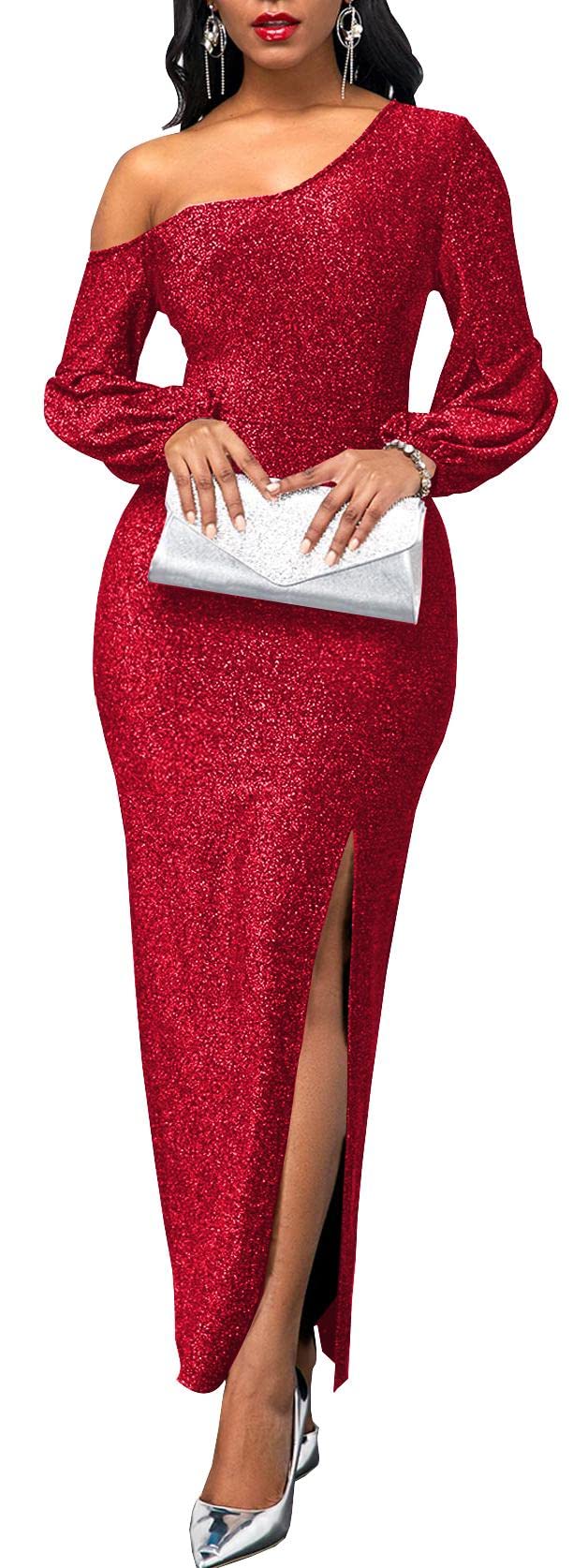 Elegant One Shoulder Evening Party Dresses for Women Red Sexy High Split Long Sleeve Evening Gowns Formal Sparkly Cocktail Long Dress Size M