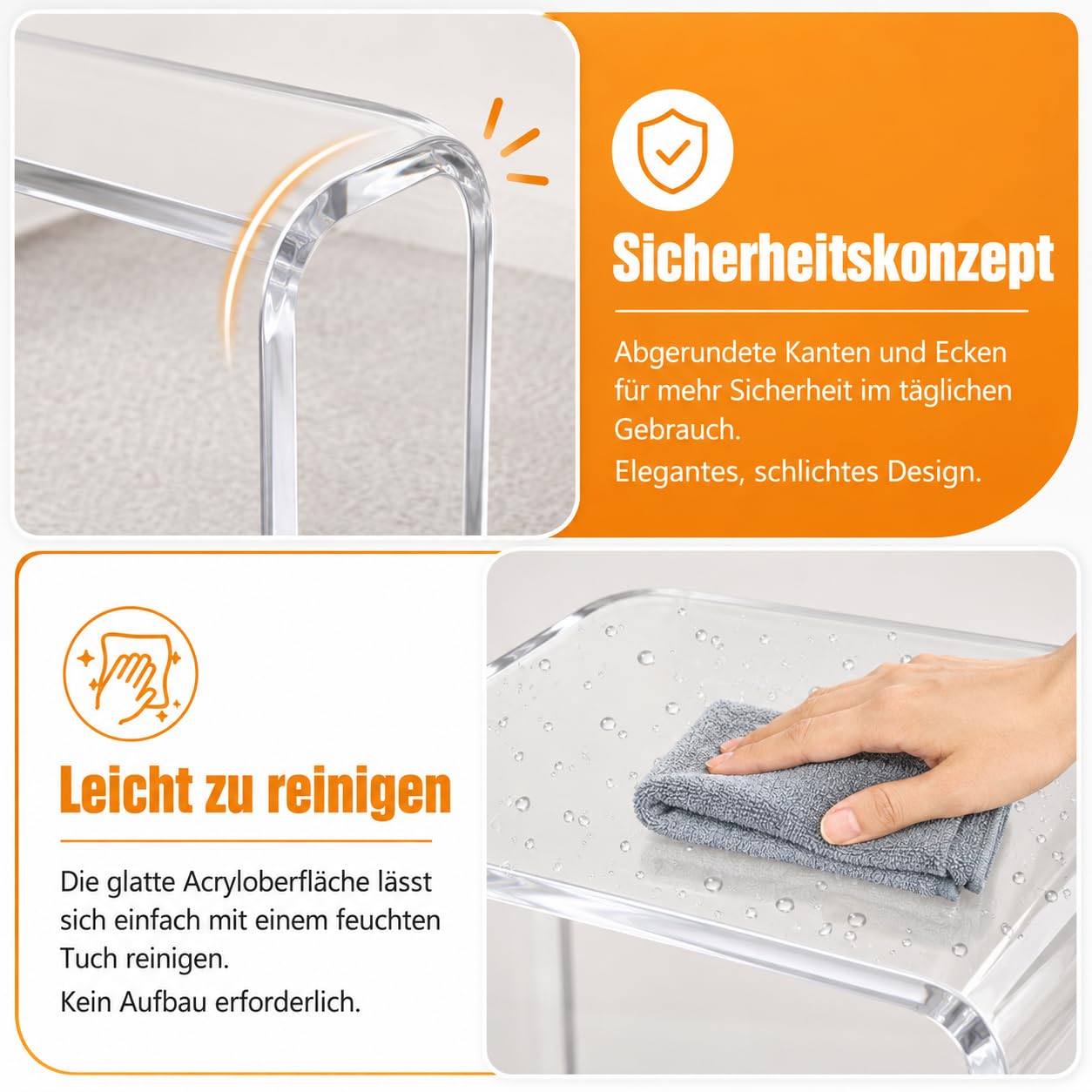 Tritthocker aus Acryl, Duschhocker Badhocker, 12 mm stark | rutschfester Transparenter Fußhocker für Kinder und Erwachsene, bis 113 kg, 42x40x29cm