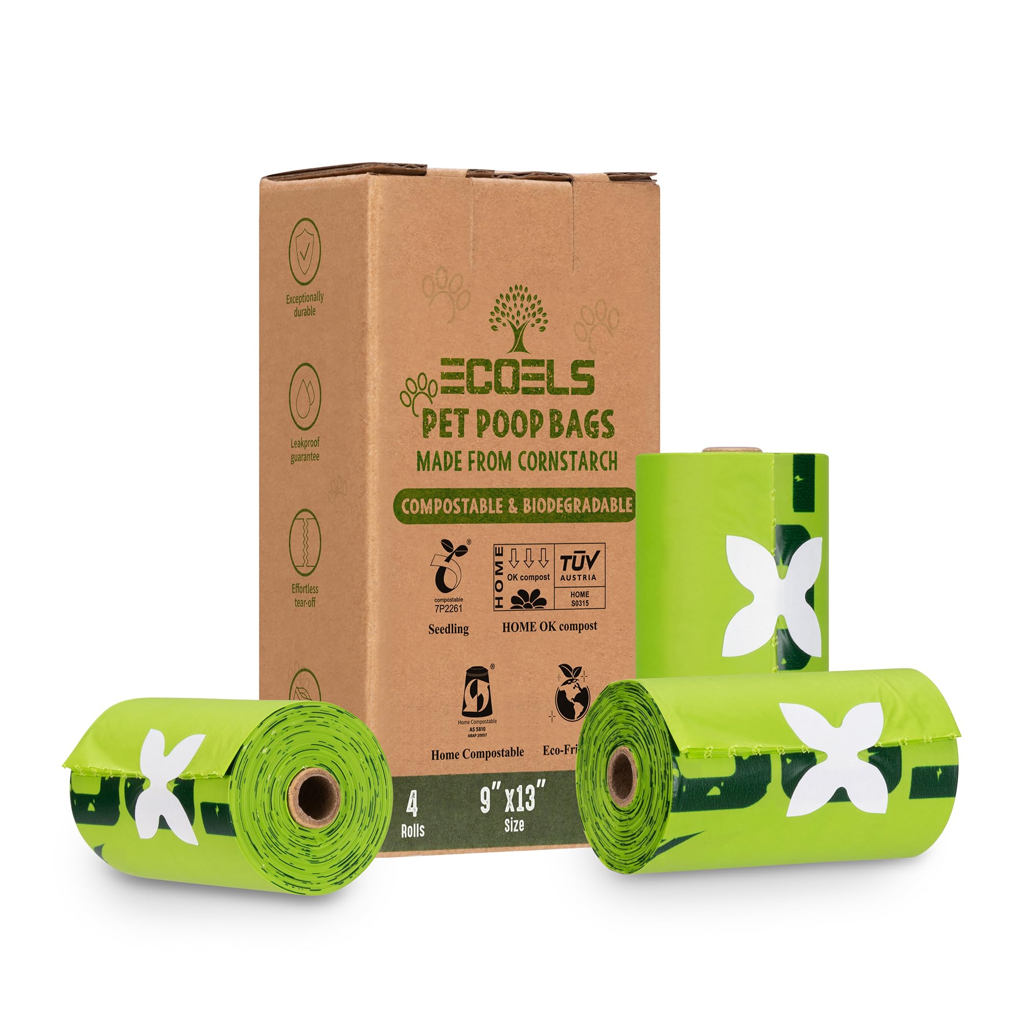 Ecoels Green Travel Pack 4 Rolls 60 Dog Poo Bags |100% Compostable & Biodegradable Dog Poop Bags |Extra Large, Strong & Leakproof Poop Bags | Cornstarch-Made| Certified-Ok Compost Home, En13432, Us Astm Bpi