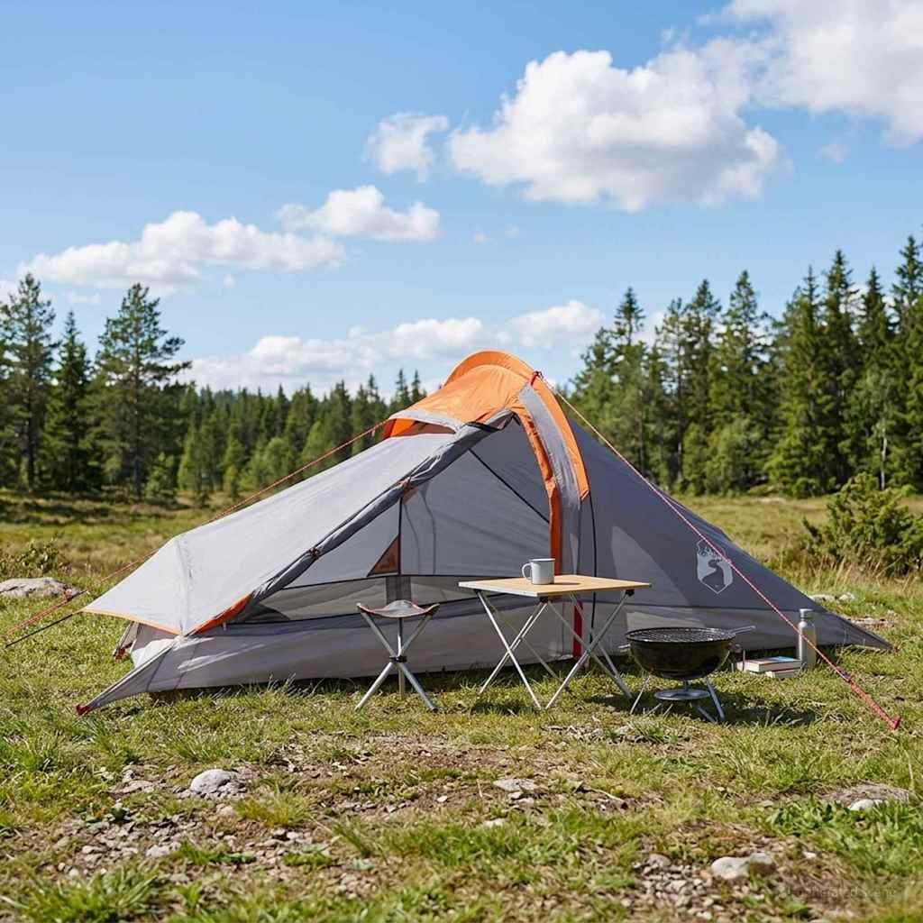 Namiot trekkingowy szary i pomarańczowy dla 2 osób, lekki, wodoszczelny namiot outdoorowy ze stabilnym stelażem, kompaktowy, wiatroszczelny, idealny na kemping, wędrówki, festiwal i podróż