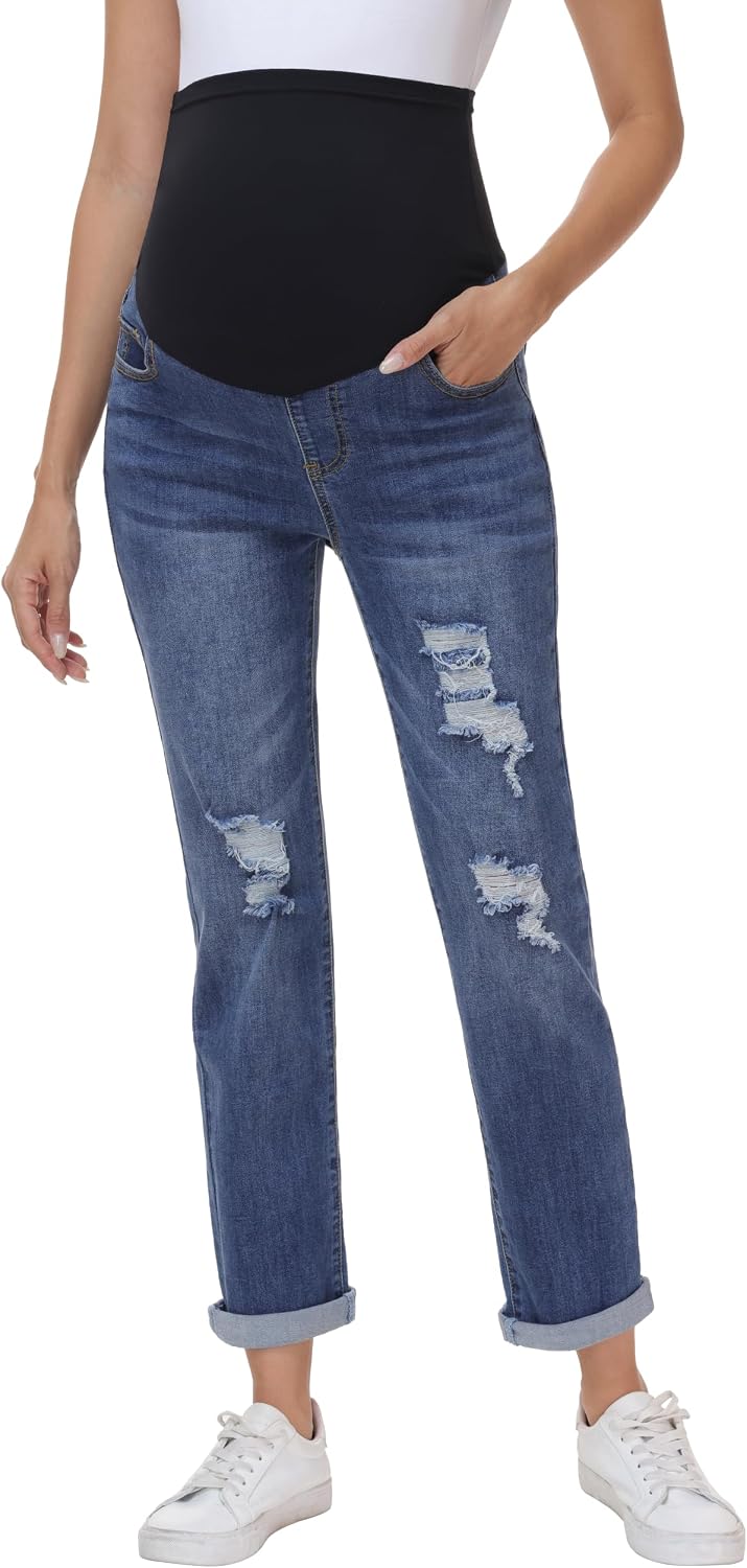 Foucome Women's Maternity Jeans Straight Leg Boyfriend Jeans | Over Belly, Ripped Distressed, Loose Fit, Stretchy Pregnancy Denim Pants with Pockets