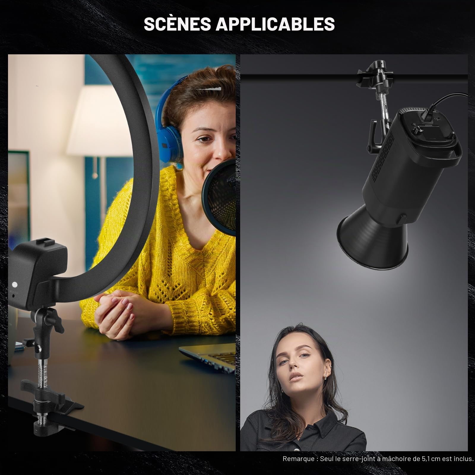 NEEWER 2" Griffe Étau en Acier avec Goujon de 5/8",Mâchoire Réglable en Aluminium, Coussinet en Caoutchouc de Support C,Anti-Torsion,Poignée Rotative pour Lumière Vidéo LED Softbox,UA015