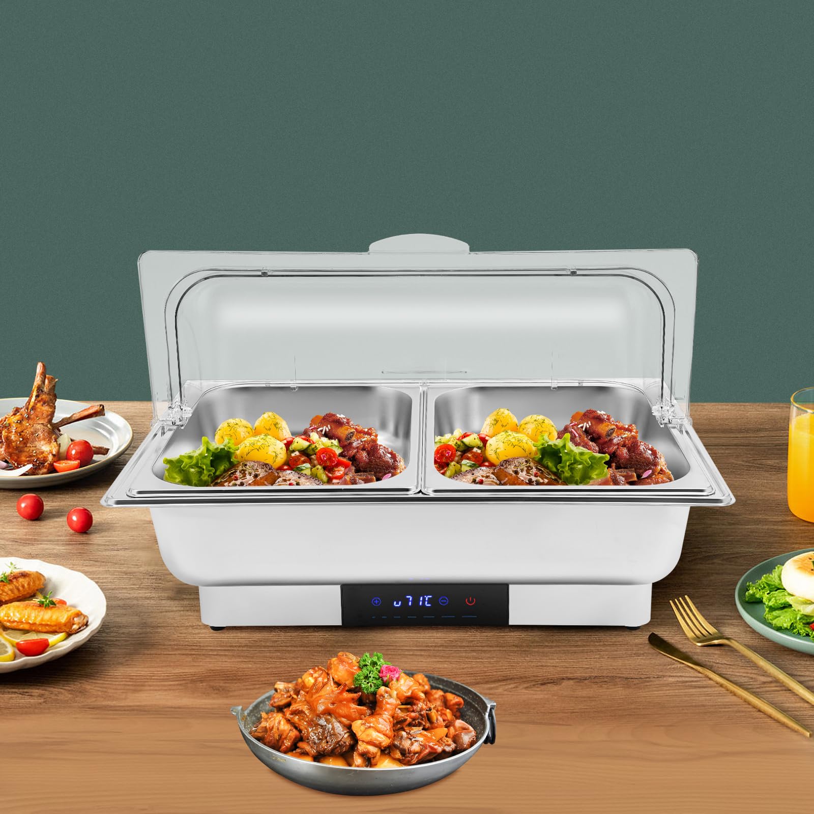Scaldabagno a buffet, in acciaio inox da 9 l, con 2 padelle per alimenti, riscaldamento elettrico CNC, per catering, buffet e feste di nozze