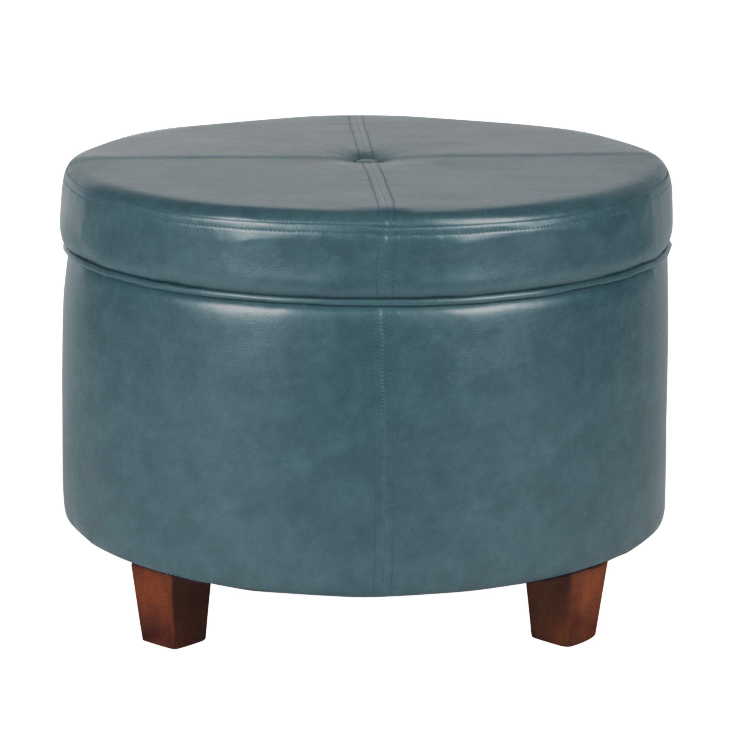 HomePop Round Leatherette Storage Ottoman with Lid, Teal