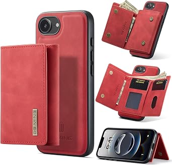 Compatible with iPhone 16E Wallet Case, Detachable 2 in 1 Split Premium Leather Back Stand Phone Case[Magnetic][7 Card Holder][Kickstand] Red