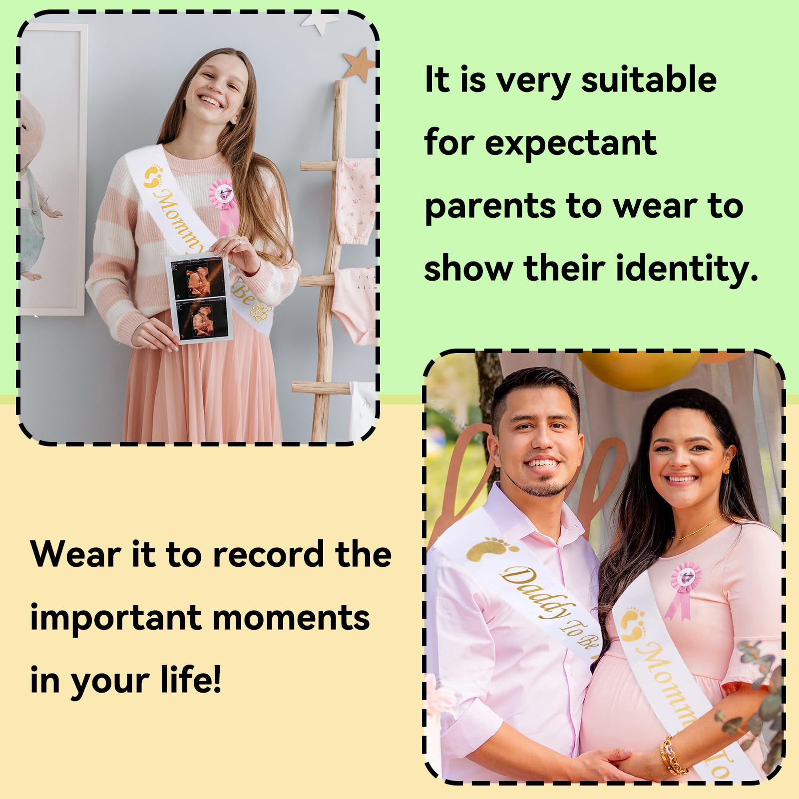 ZoeTekway 4-częściowy zestaw dekoracji na Baby Shower,Szarfy i przypinki,Satynowe szarfy dla przyszłej Mamy i Taty