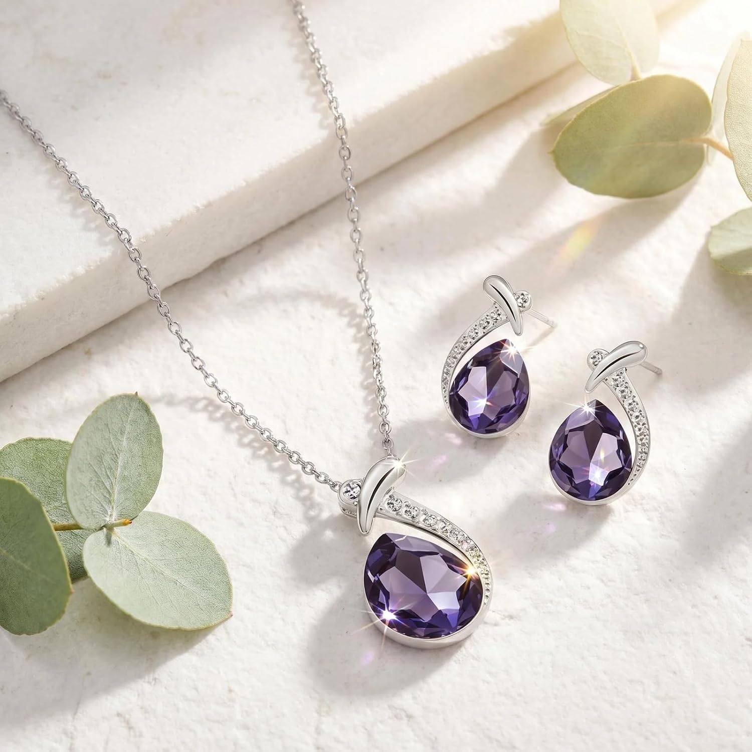 Mermaid Teardrop Pendant Necklaces with Stud Earrings Jewelry Sets for Women Crystal Pear Birthstone Charm White Gold Chain Trendy Costume Accessories for Wife Anniversary Mom Birthday Gifts image 5