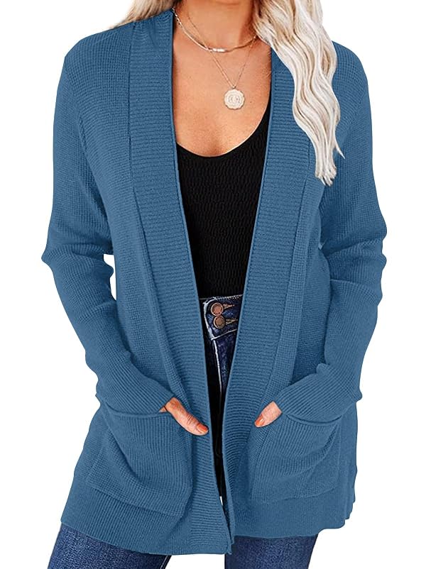 MEROKEETY Women's 2025 Fall Open Front Waffle Knit Cardigan Long Sleeve Cozy Knit Sweaters with Pockets, Dustyblue, X-Large by MEROKEETY - Used condition - US$23.87