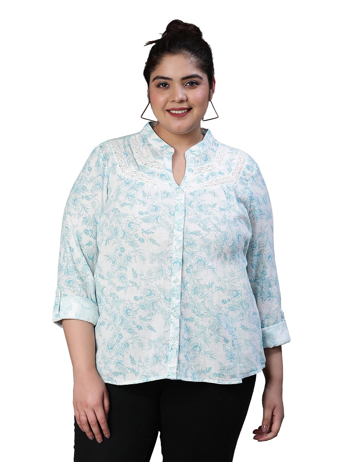 oxolloxo Women Plus Size Floral Print Mandrain Collared Cotton Shirt-picture-51