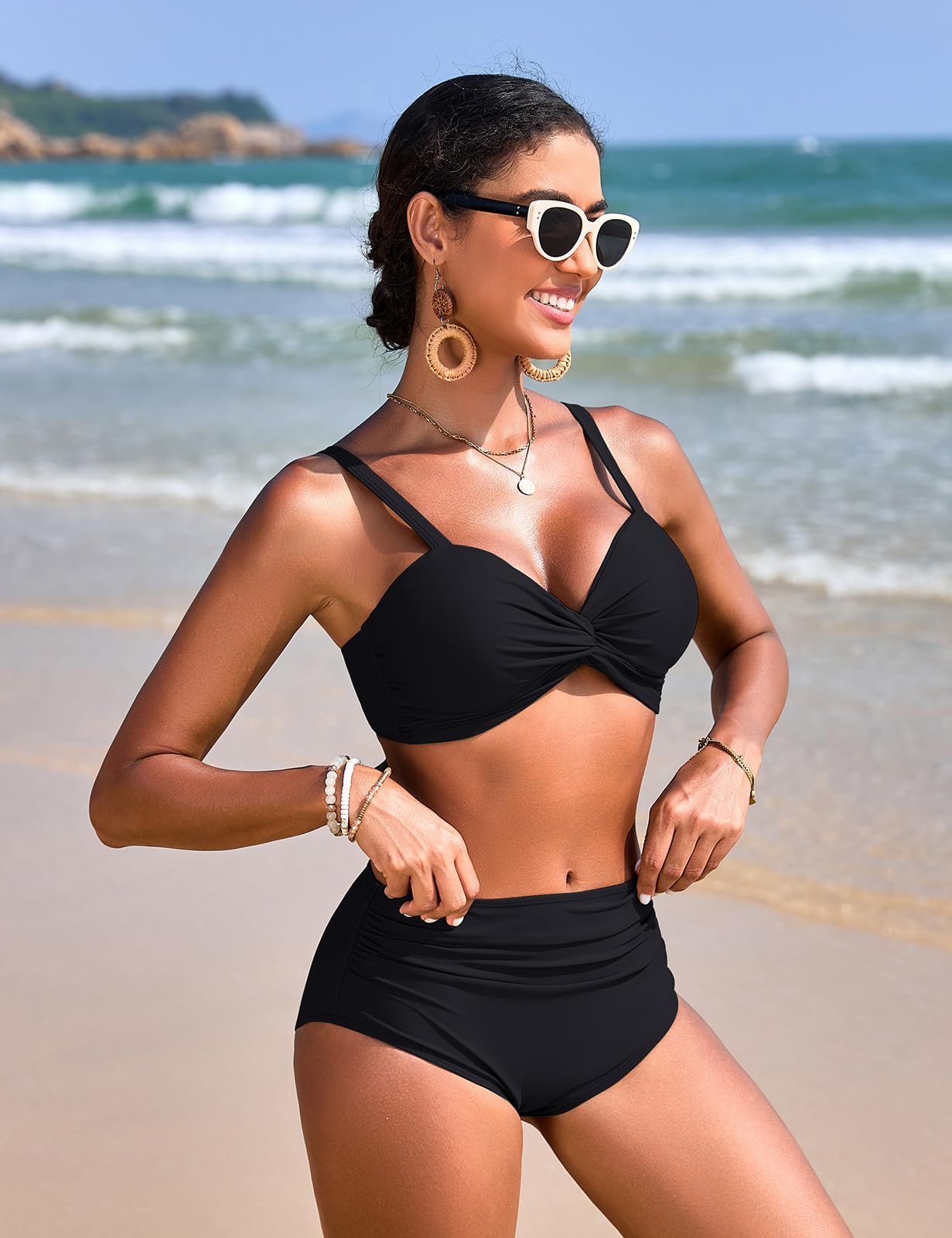Bikinis Mujer Cintura Alta Reductor Sexy Escote en V Push Up con Relleno Traje de Baño Diseño de Bloques de Color