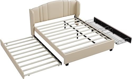 Miniatura 119 de Base de cama LED tapizada tamaño Queen, plataforma flotante de terciopelo con cabecero, MDF moderna y cama de madera contrachapada (beige-081)