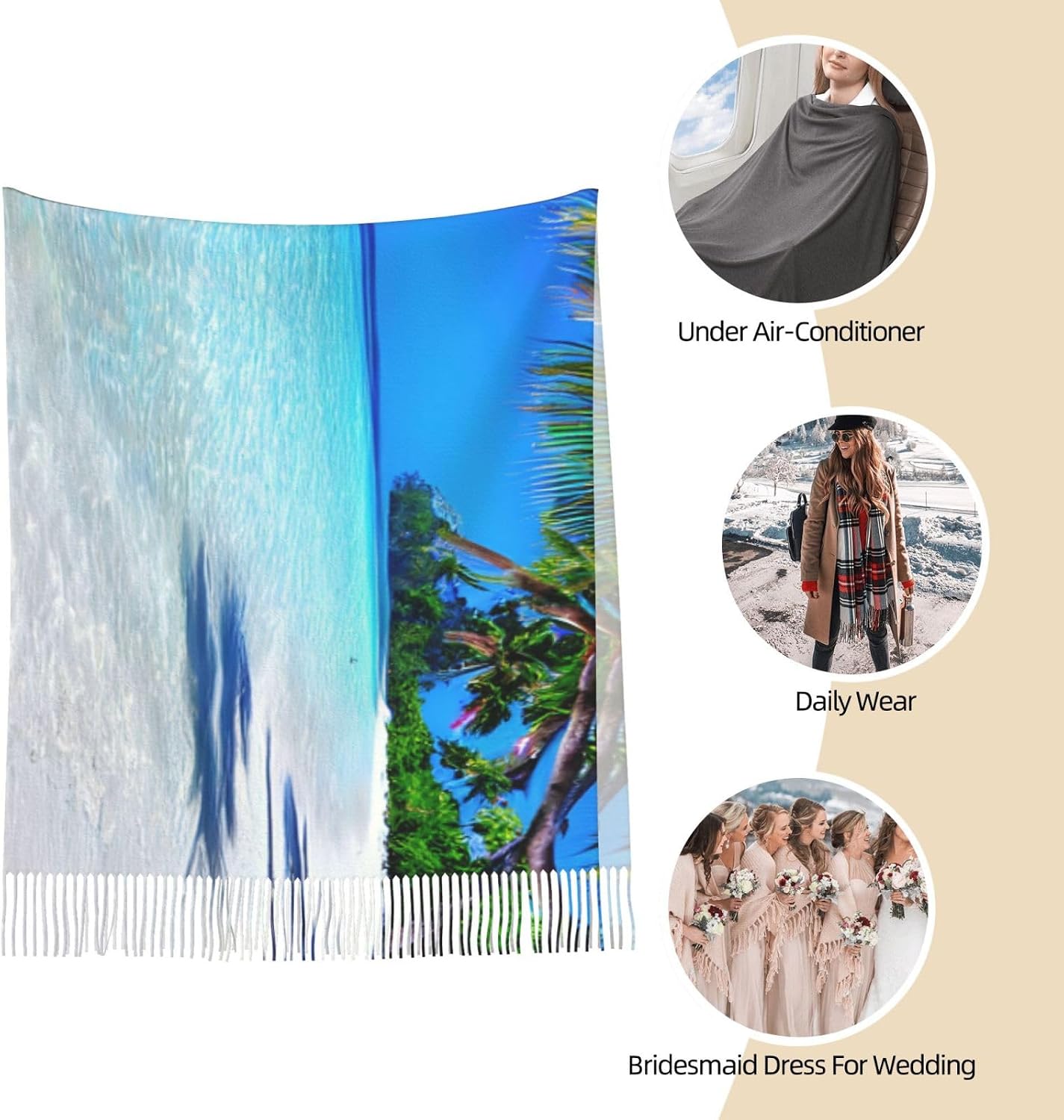 Tropical White Sand Beach and Ocean print Fashion Women Scarf Christmas Winter Scarf for Women Men Long Scarf with Tassels Shawl Wrap