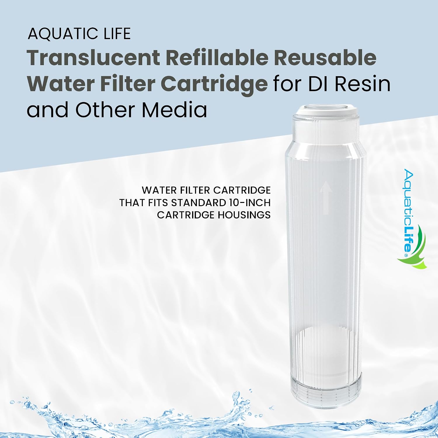 AQUATICLIFE 10" x 2.5" Translucent Refillable Reusable Water Filter Cartridge for DI Resin and Other Media